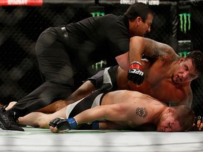 SAN DIEGO, CA - JULY 15: (L-R) Frank Mir punches and knocks out Todd Duffee in their heavyweight bout during the UFC event at the Valley View Casino Center on July 15, 2015 in San Diego, California. (Photo by Todd Warshaw/Zuffa LLC/Zuffa LLC via Getty Images)