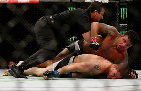 SAN DIEGO, CA - JULY 15: (L-R) Frank Mir punches and knocks out Todd Duffee in their heavyweight bout during the UFC event at the Valley View Casino Center on July 15, 2015 in San Diego, California. (Photo by Todd Warshaw/Zuffa LLC/Zuffa LLC via Getty Images)