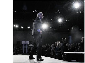 Stephen Harper leaves the stage after addressing supporters following his election loss. Over the past decade, Canadians saw Harper as a leader with a seemingly dual character - accommodating at times, hard-headed at others.