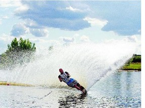 Stephen Pillipow practises his salmon water skiing at the Rat Hole, the Saskatoon Water Ski club on Monday. The club will be hosting the Water Ski Provincials 2015 on Saturday.