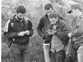 Syrian migrants check GPS signals on their phones before they cross the Serbian border with Hungary. They have also been taking advantage of social media and smartphone apps.