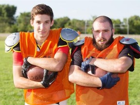 Tommy Douglas Collegiate running backs Chayse Wiggins, left, and Kayden Teichroeb pose for a photo after practice, Tuesday, September 01, 2015.