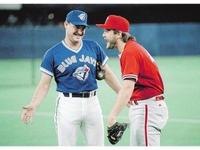 Toronto Blue Jays relief pitcher Duane Ward, left, shares a laugh with Philadelphia Phillies pitcher Tommy Greene prior to Game 2 of the 1993 World Series at the Toronto Skydome. The Jays won the series in six games.