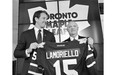 Toronto Maple Leafs president Brendan Shanahan, left, announces the hiring of Lou Lamoriello as general manager of the Maple Leafs on Thursday.