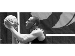 Toronto Raptors' Bismack Biyombo shoots during an NBA basketball training camp in Burnaby, B.C. The Raptors will play two games in the NBA's four-game pre-season Canada Series, which the NBA is hoping will make serious inroads for basketball in a nation dominated by hockey.