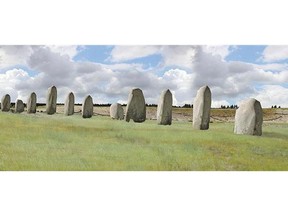 An undated handout image released by the British Science Association in London on Monday shows an artist's impression of a buried henge near Stonehenge in England.