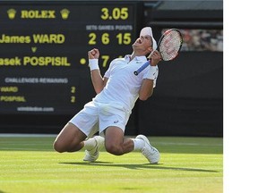Vasek Pospisil celebrates beating James Ward on Saturday at Wimbledon. Pospisil has two matches on Monday.