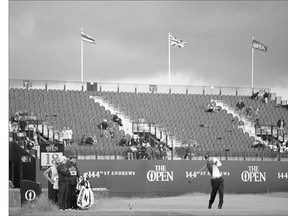 Weyburn's Graham DeLaet tees off on the 18th hole during the second round of the British Open Friday at the Old Course in St. Andrews, Scotland. DeLaet will have to wait and see if his even-par two-day score is good enough to make the cut.