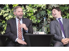 NDP leader Tom Mulcair (left) and Liberal leader Justin Trudeau could be hitting the federal election campaign trail as early as Sunday if the writ is dropped.