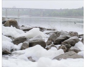 White foam collects along the South Saskatchewan River after being discharged from a storm server on the east side of the river between the Train Bridge and the Circle Drive Bridge on Saturday.