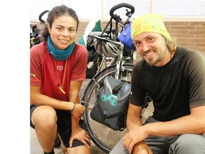 Yana Melamed, left, and Vyacheslav Stoyanov are working their way through the first phase of a 60,000-kilometre, 26-country journey that will take them from Alaska to Argentina over the course of two years in an attempt to raise awareness of environmental sustainability.
