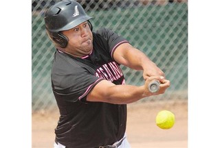 New Zealand batter Wayne Laulu takes a cut in a game Thursday against Czech Republic at the 14th Men's World Softball Championships in Saskatoon.