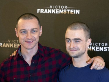 Actors James McAvoy (L) and Daniel Radcliffe pose for photos during a press event promoting "Victor Frankenstein" in Mexico City, Mexico, November 14, 2015.