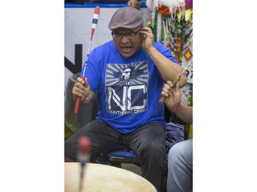 Steve Wood drums during the Federation of Saskatchewan Indian Nations (FSIN) Cultural Celebration and Pow Wow at SaskTel Centre in Saskatoon, November 15, 2015.
