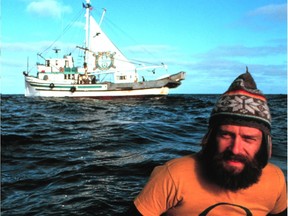 Greenpeace activist Bob (Robert) Hunter in front of Phyllis Cormack, North Pacific Ocean. First Greenpeace anti whaling campaign.