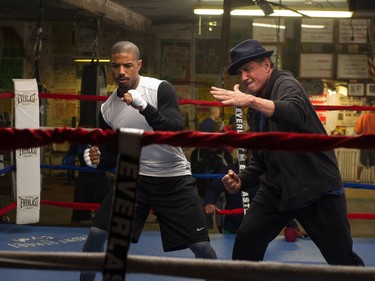 Michael B. Jordan as Adonis Johnson and Sylvester Stallone as Rocky Balboa in Metro-Goldwyn-Mayer Pictures', Warner Bros. Pictures' and New Line Cinema's drama "Creed," a Warner Bros. Pictures release.