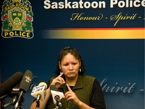 Carol Wolfe addresses the media during a news conference marking the one-year anniversary of the disappearance of her daughter, Karina Beth Ann Wolfe.