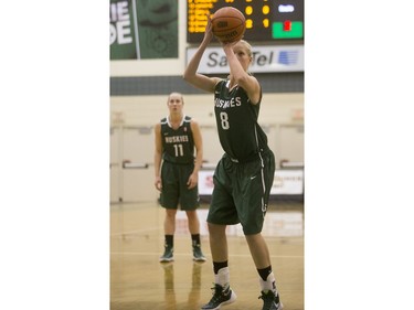 University of Saskatchewan Huskies forward Taya Keujer shots a free throw against the University of British Columbia Thunderbirds in Women's CIS Basketball action, November 21, 2015.