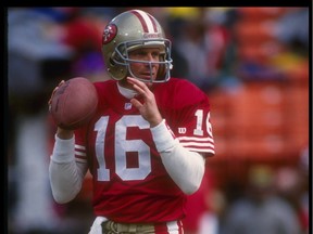 9 Jan 1993: Quarterback Joe Montana #16 of the San Francisco 49ers drops back to pass during pre game warmups before the start of the 49ers 20-13 victory over the Washington Redskins in an NFC Divisional playoff game at Candlestick Park in San Francisco, [PNG Merlin Archive]