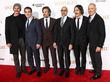 L-R: Liev Schreiber, Brian d'Arcy James, Mark Ruffalo, Stanley Tucci, Billy Crudup and Michael Keaton attend the premiere of "Spotlight" at the Ziegfeld Theatre, October 27, 2015, in New York.