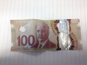 One of the fake $100 bills being circulated in the community of Kamsack Sask.