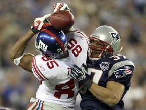 David Tyree made what has become known as The Helmet Catch during the New York Giants' 17-14 win over the New England Patriots in Super Bowl XLII on Feb. 3, 2008