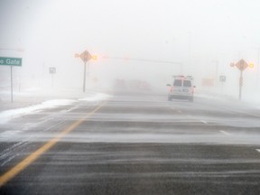 Snowy weather is making travel difficult on Highway 40 and has caused a backup of vehicles just west of the town of Krydor, SK.