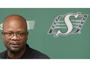 Monday was "Garbage Bag Day" for the Saskatchewan Roughriders as they cleaned out their lockers at Mosaic Stadium Nov. 9, 2015. Head coach Bob Dyce talks with the media.