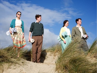 L-R: Saoirse Ronan as Eilis, Domhnall Gleeson as Jim, Eileen O'Higgins as Nancy and Emory Cohen as Tony in "Brooklyn."