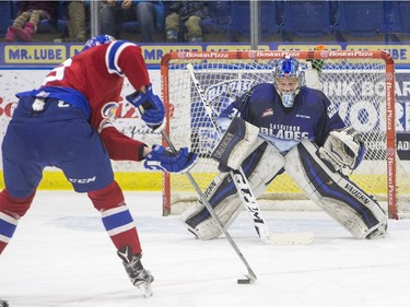 Saskatoon Blades goaltender Brock Hamm watches as Edmonton Oil Kings forward Brandon Baddock moves in to take a shot in first period WHL action, November 28, 2015.