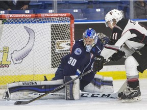 SASKATOON, SASK--OCTOBER 04 2015-Saskatoon Blades goalie Brock Hamm makes a pad save against Vancouver Giants left wing Jakob Stukel during the second period of WHL action on Sunday, October 4th, 2015.(Liam Richards/the StarPhoenix)