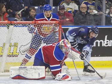 Saskatoon Blades forward Nick Zajac attempts a warp around on Edmonton Oil Kings goaltender Patrick Dea in first period WHL action, November 28, 2015.