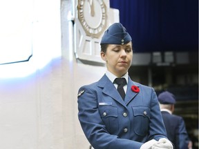 Pvt. Shannon Young guards the cenotaph during the Remembrance Day ceremony at SaskTel Centre in Saskatoon.