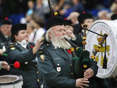 The largest indoor Remembrance Day service in Canada was held at SaskTel Centre in Saskatoon, November 11, 2015. The North Saskatchewan Regiment Pipes and Drums march in.