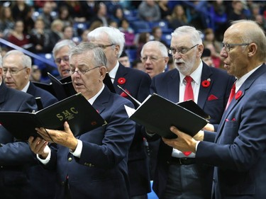 The largest indoor Remembrance Day service in Canada was held at SaskTel Centre in Saskatoon, November 11, 2015. The Saskatoon Men's Chorus sings The Lord's Prayer.