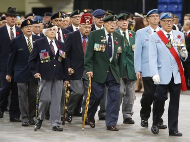 The largest indoor Remembrance Day service in Canada was held at SaskTel Centre in Saskatoon, November 11, 2015. Members of the old guard enter the ceremony.