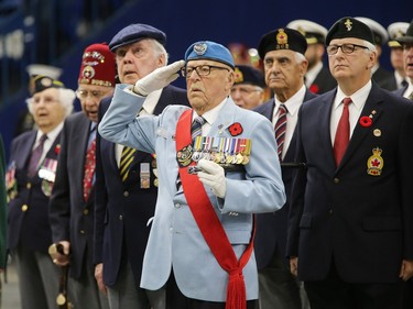 The largest indoor Remembrance Day service in Canada was held at SaskTel Centre in Saskatoon, November 11, 2015. Members of the old guard stand at attention.