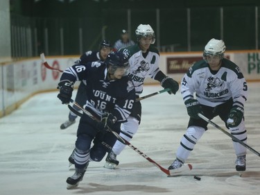 The University of Saskatchewan Huskies and the Mount Royal University Cougars compete in CIS men's hockey at Rutherford Rink in Saskatoon, November 27, 2015.