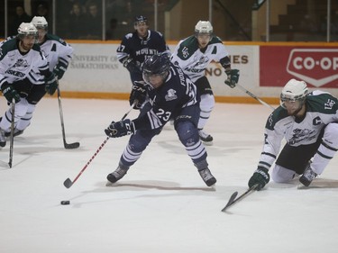 The University of Saskatchewan Huskies and the Mount Royal University Cougars compete in CIS men's hockey at Rutherford Rink in Saskatoon, November 27, 2015.