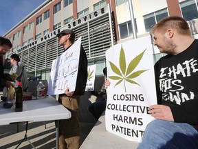 Protesters against the arrest of Mark Hauk and his Saskatchewan Compassion Club business staged an event in front of the police station on November 6, 2015 in Saskatoon.