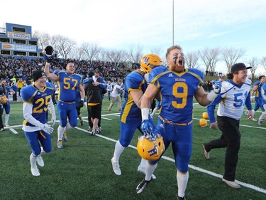 The Saskatoon Hilltops win their 18th national title 38-24 against the Okanagan Sun in Saskatoon, November 7, 2015.