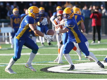 The Saskatoon Hilltops win their 18th national title 38-24 against the Okanagan Sun in Saskatoon, November 7, 2015.