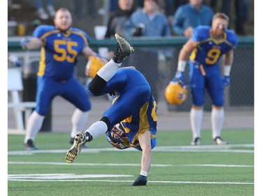 The Saskatoon Hilltops win their 18th national title 38-24 against the Okanagan Sun in Saskatoon, November 7, 2015.