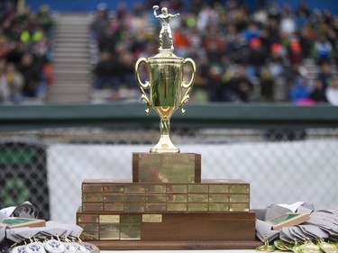 The trophy on display as the Moose Jaw Peacock Tornadoes take on the Saskatoon Bishop Mahoney Saints in 3A Football Provincial finals at SMS field in Saskatoon, November 14, 2015.