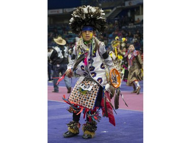 A dancer takes part in the opening ceremonies  during the Federation of Saskatchewan Indian Nations (FSIN) Cultural Celebration and Pow Wow at SaskTel Centre in Saskatoon, November 15, 2015.