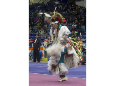 A dancer takes part in the opening ceremonies  during the Federation of Saskatchewan Indian Nations (FSIN) Cultural Celebration and Pow Wow at SaskTel Centre in Saskatoon, November 15, 2015.