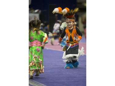 A dancer takes part in the opening ceremonies  during the Federation of Saskatchewan Indian Nations (FSIN) Cultural Celebration and Pow Wow at SaskTel Centre in Saskatoon, November 15, 2015.