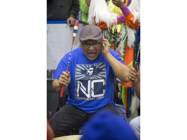 Steve Wood drums during the Federation of Saskatchewan Indian Nations (FSIN) Cultural Celebration and Pow Wow at SaskTel Centre in Saskatoon, November 15, 2015.