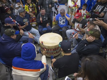 Steve Wood drums with Northern Cree drummers during the Federation of Saskatchewan Indian Nations (FSIN) Cultural Celebration and Pow Wow at SaskTel Centre in Saskatoon, November 15, 2015.