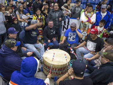 Steve Wood drums with Northern Cree drummers during the Federation of Saskatchewan Indian Nations (FSIN) Cultural Celebration and Pow Wow at SaskTel Centre in Saskatoon, November 15, 2015.